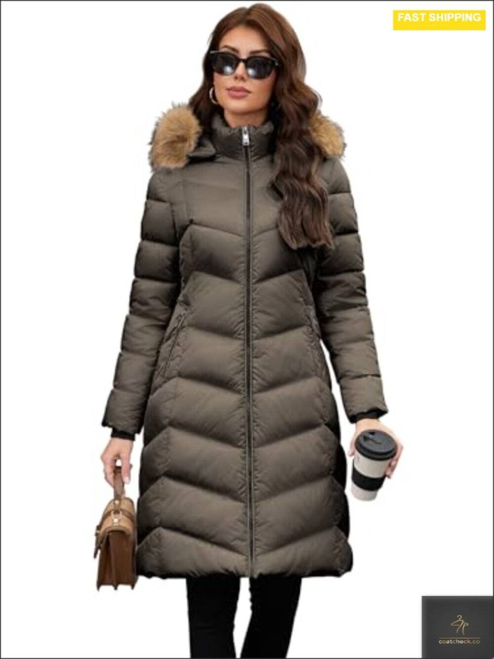 Women's Quilted Long Faux Fur Coat with Hood